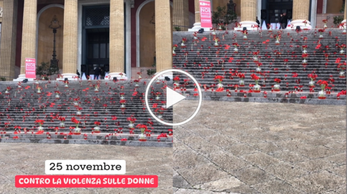 Palermo, gerbere e scarpe rosse sulla scalinata del Teatro Massimo contro la violenza sulle donne – IL VIDEO